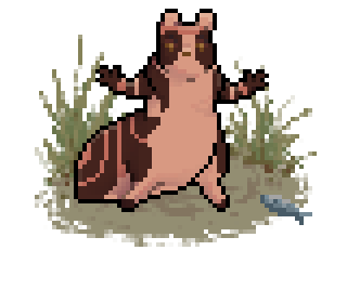 Pixel art of a fat pink-red slugcat with dark red marbling.